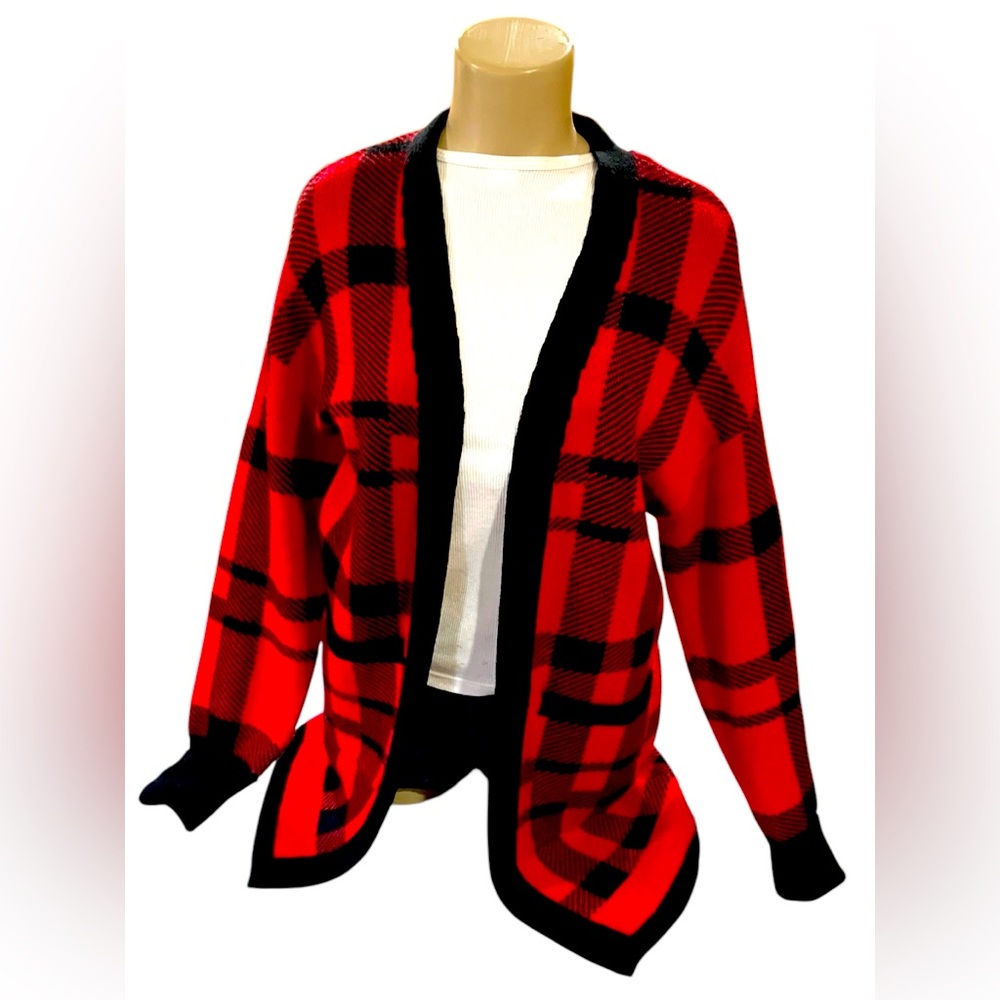 Red & Black Plaid Cardigan Sweater Y2K Goth Grunge Open Top Size M Fashion